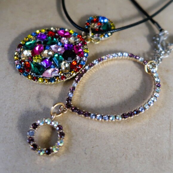 Jewelry - Vintage Rhinestone Pendant Lot 2 Pc Multicolor Crystal Cluster Statement Wear